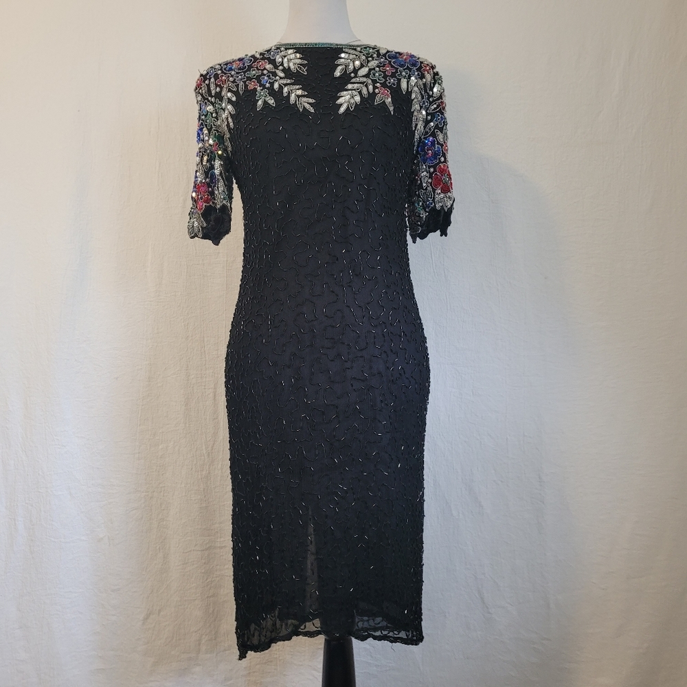 VTG Cotton Castle 1980's Sequins Party Dress Sm Beaded Silk Colorful